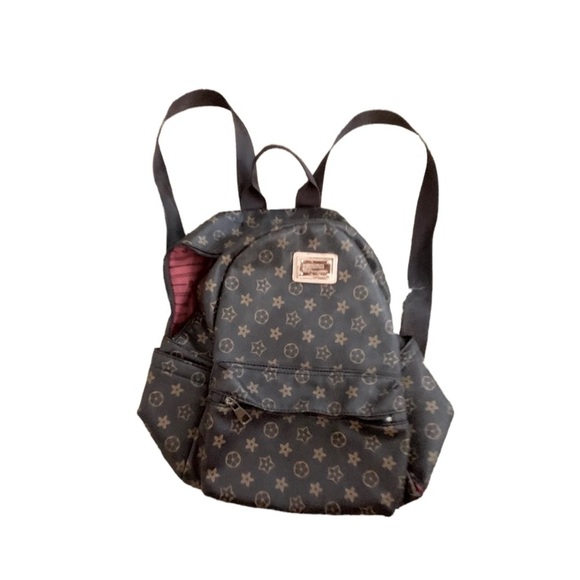 Handbags - Backpack Brown & Tan Exterior Canvas & Red Inside Lining Gold Hardware